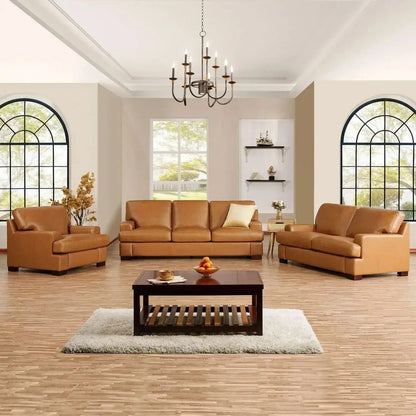 Genuine Leather Sofa - Luxurious Comfort, Goose Feather Cushion Filling, Square Arm Design, Sturdy Block Legs,