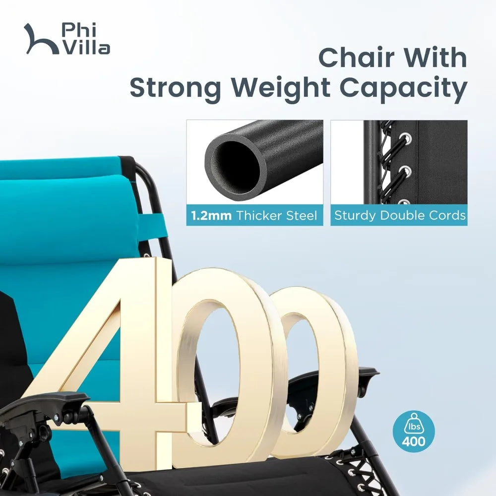 VILLA XXL Oversized Padded Zero Gravity Chair, Foldable Patio Recliner, 28 Wide Seat Anti Gravity Lounger with Cup Holder, S