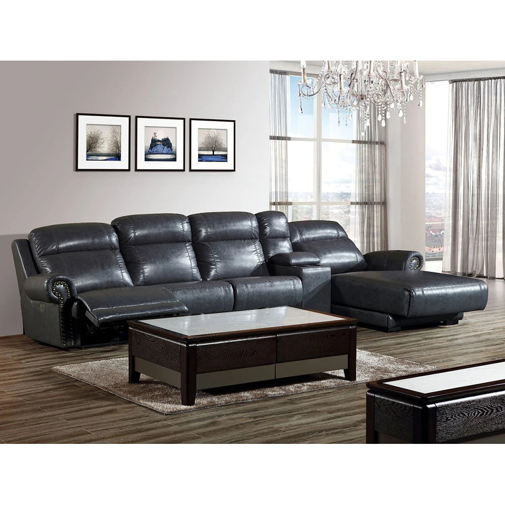 MINGDIBAO Luxury Genuine Leather Power Recliner Sofa Set, L Shape Electric Reclining Couch with Nailhead Trim, Home Theater Seat