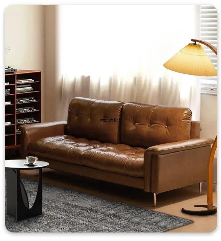 Medieval oil wax leather creative sofa living room retro old caramel color large straight row sofa