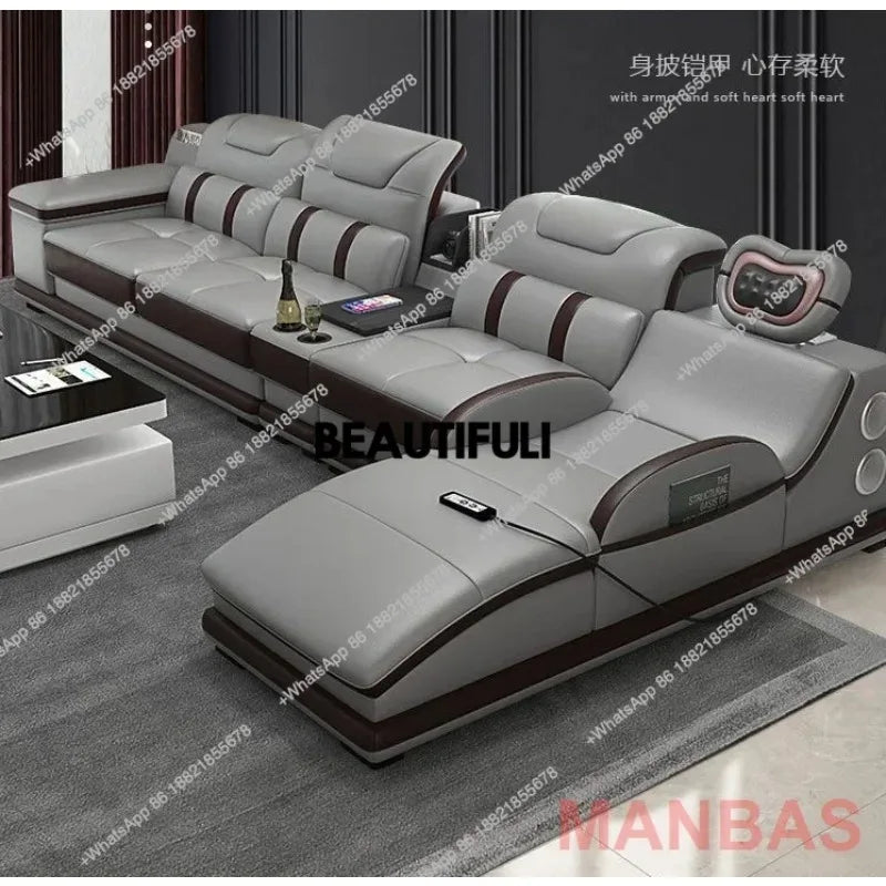 a48 Italy Genuine Leather Sectional Sofa with Bluetooth Speaker,Functional Headrest,Massage Chaise | L Shape Corner Couch
