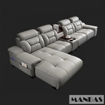 MANBAS Italian Genuine Leather Sectional Sofa with USB Charging, Bluetooth Speaker and Projector - Perfect for Your Living Room