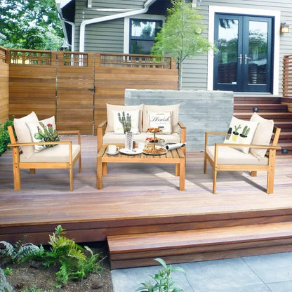 Curated outdoor 4-piece acacia wood chat set, 4 seater acacia wood conversation sofa and table set with water resistant cushions