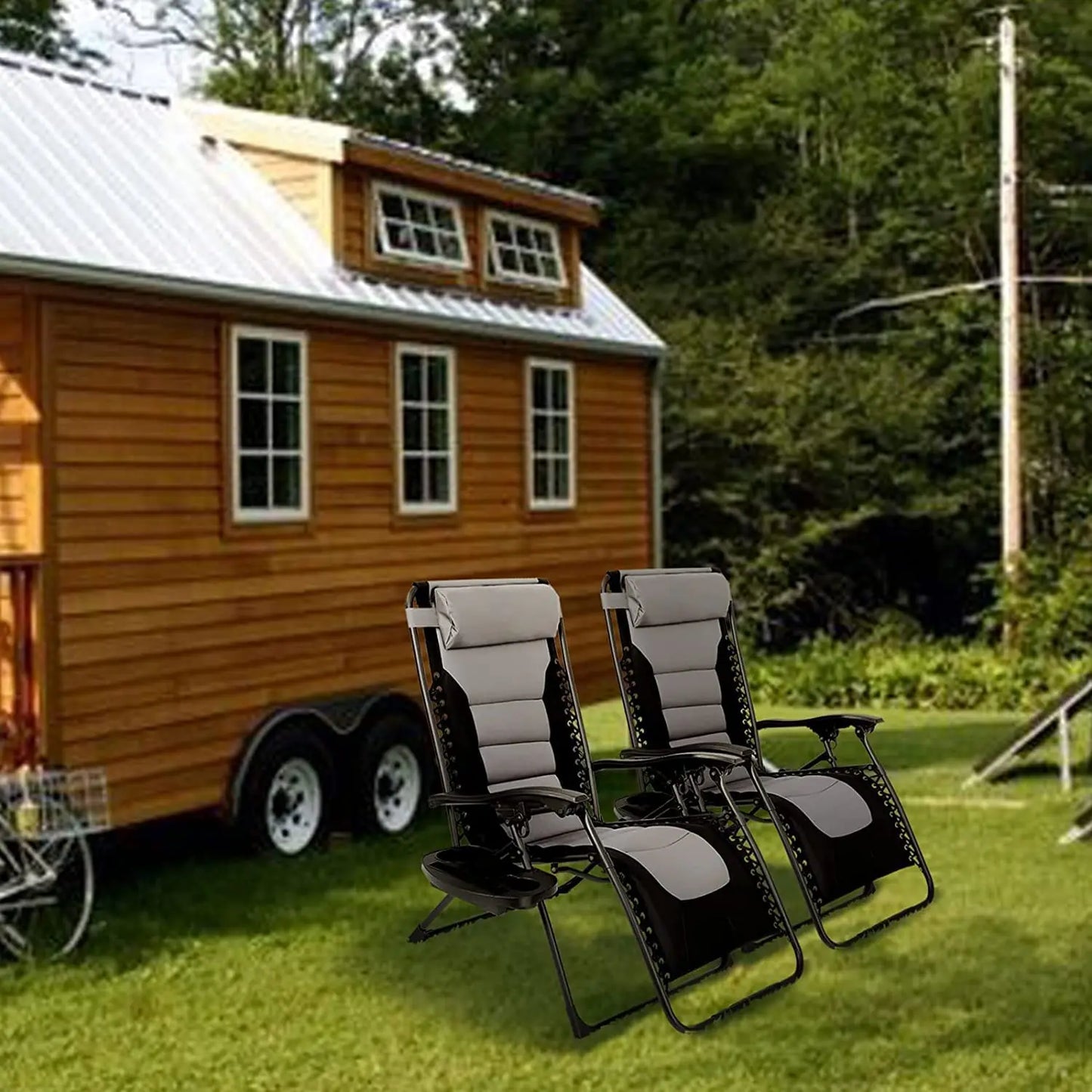 Padded Zero Gravity Lounge Chair Folding Patio Recliner with Adjustable Headrest & Cup Holder, Support 160kg Sun Loungers