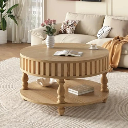 31.49'' Round Wood Coffee Table with Storage 2-Tier Circle Fluted Coffee Table Natural Rustic Center Table with Lid Shelf for L