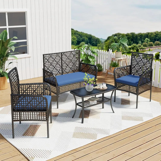 4-Piece Patio Furniture Set, Weather-Resistant Rattan Patio Conversation Set with Two-Tier Coffee Table, Upholstered Openwork