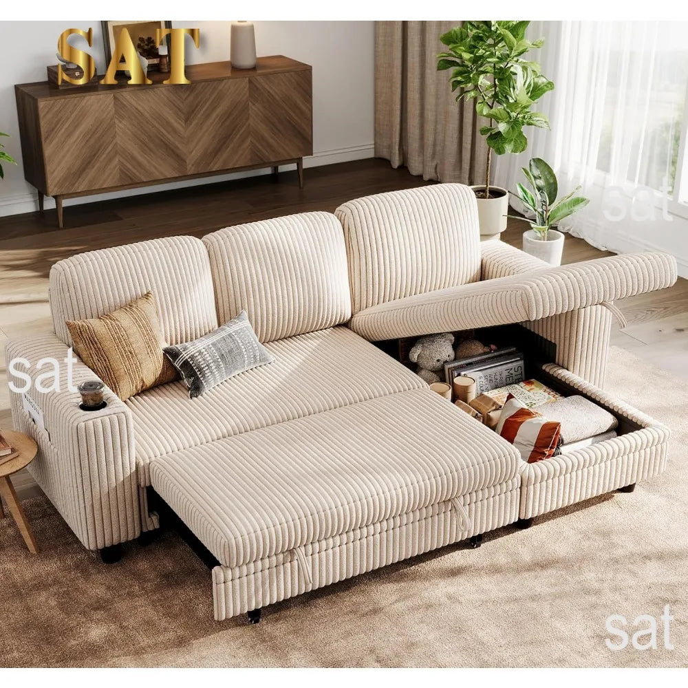 Convertible Plush Corduroy Cloud Couch with Storage Chaise & USB Charging