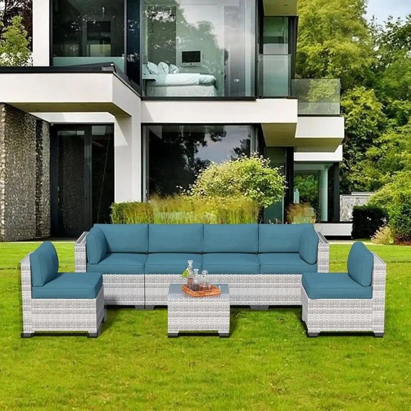 Outdoor Patio Furniture Set, Rattan Sectional Sofa, Conversation Set with Waterproof Cushion and Coffee Table
