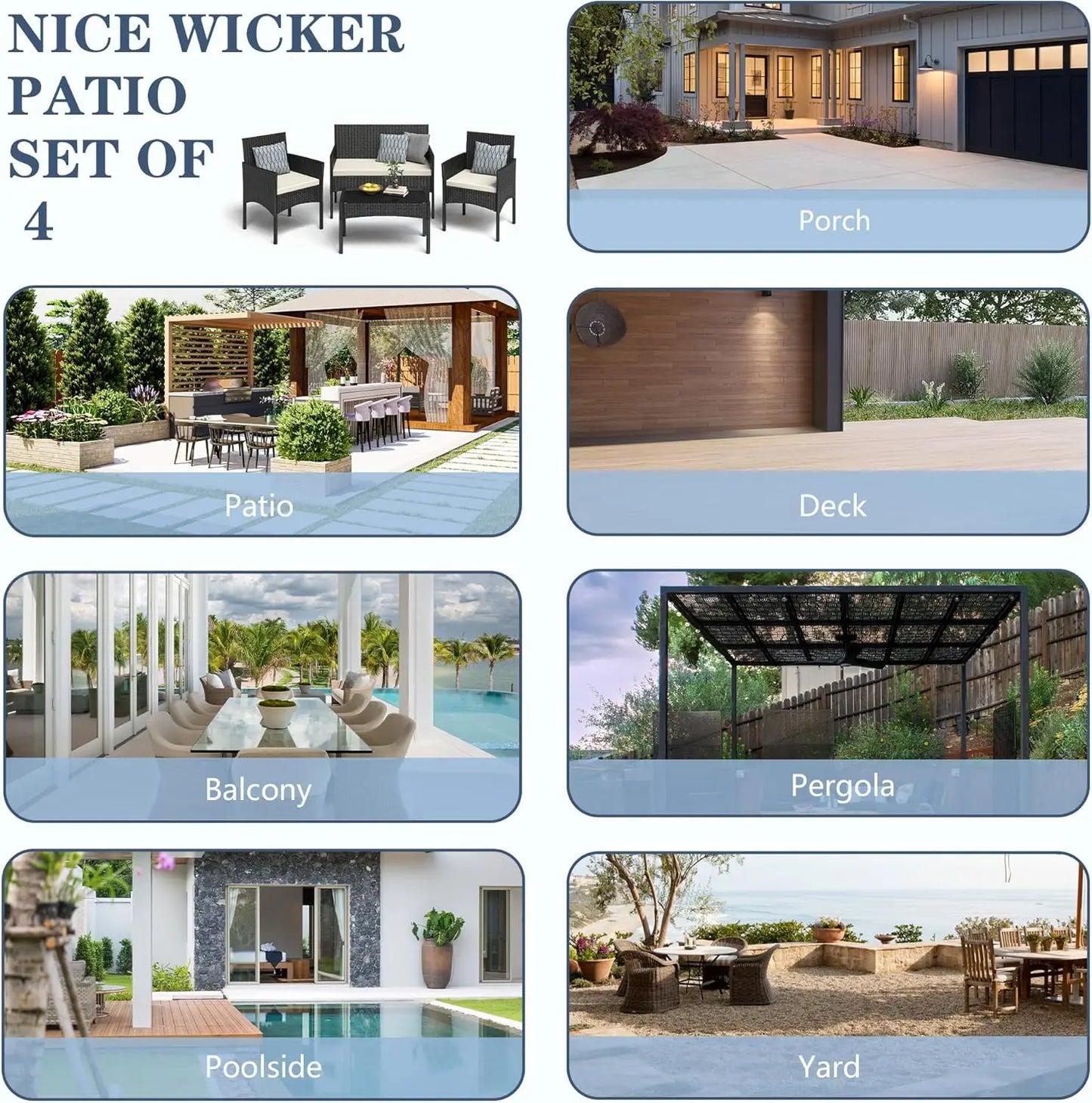 4 Pieces Patio Furniture Set, Outdoor Wicker Rattan Patio Conversation Furniture Set with Waterproof Cushion and Table