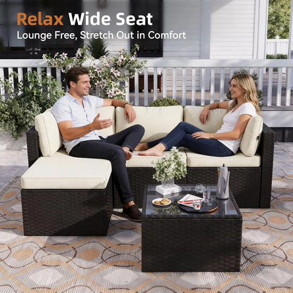 5-Piece Outdoor Sectional Sofa with Washable Cushion, Wicker Rattan Patio Conversation Set for Backyard Porch Poolside, Custom