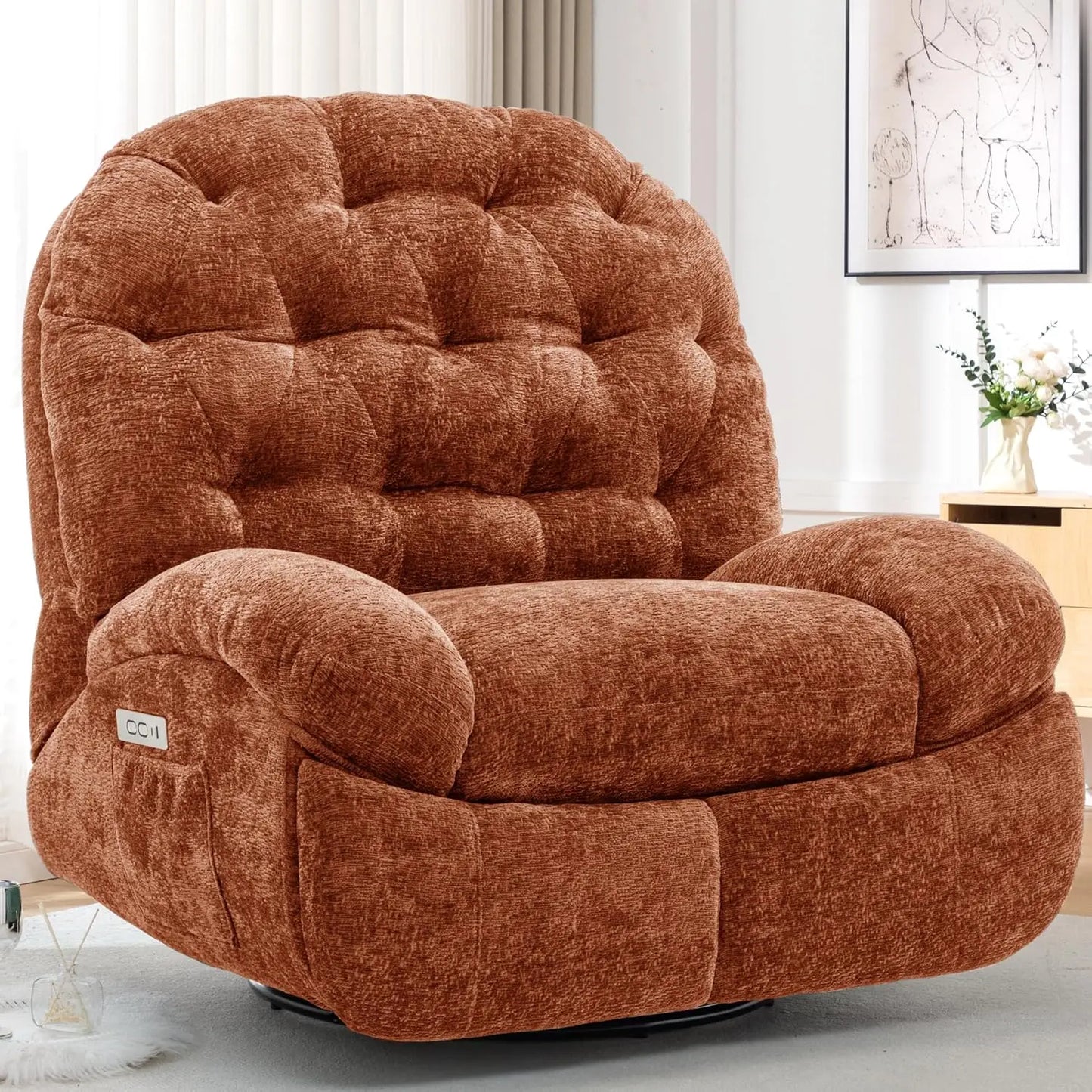 Oversized Swivel Recliner Chair, Comfortable Soft Shell Shaped Recliner with  Ports and Storage for Living Room