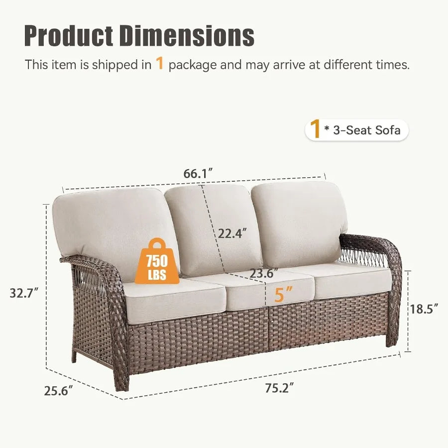 75'' Outdoor Patio Couch Wicker Sofa All Weather Rattan 3 Seater Sofa High Back Couch with Deep Seating and Removable Cover for