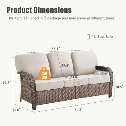 75'' Outdoor Patio Couch Wicker Sofa All Weather Rattan 3 Seater Sofa High Back Couch with Deep Seating and Removable Cover for