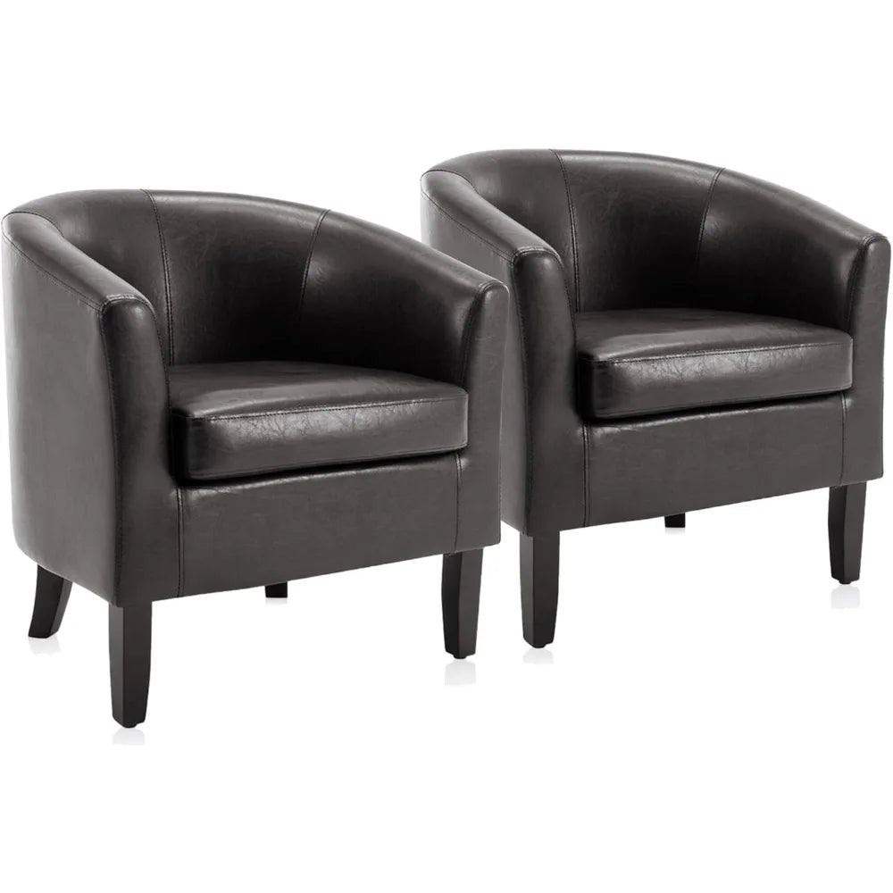 Living Room Chairs Set of 2, Faux Leather Round Accent Barrel Chairs, Club Tub Sofa Chairs for Bedroom, Corner Chairs with Flar