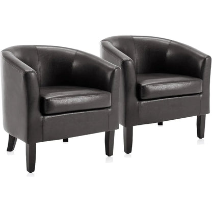 Living Room Chairs Set of 2, Faux Leather Round Accent Barrel Chairs, Club Tub Sofa Chairs for Bedroom, Corner Chairs with Flar