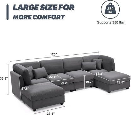 "large 125 inch u-shaped corduroy modular sofa with storage and 6 convertible seats"