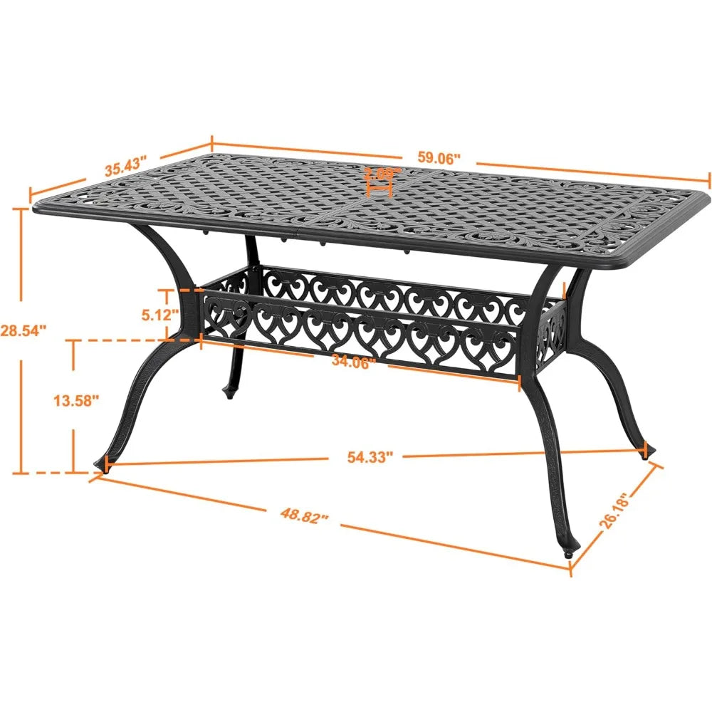 60" outdoor dining table with 2.09" umbrella hole, all weather cast aluminum outdoor patio table, 6-8 person rectangle dining t