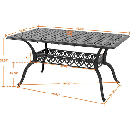60" outdoor dining table with 2.09" umbrella hole, all weather cast aluminum outdoor patio table, 6-8 person rectangle dining t