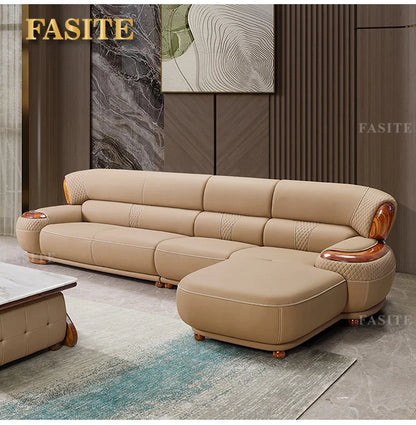 New Chinese ebony leather sofa high-end villa living room leather art home simple solid wood cowhide corner combination