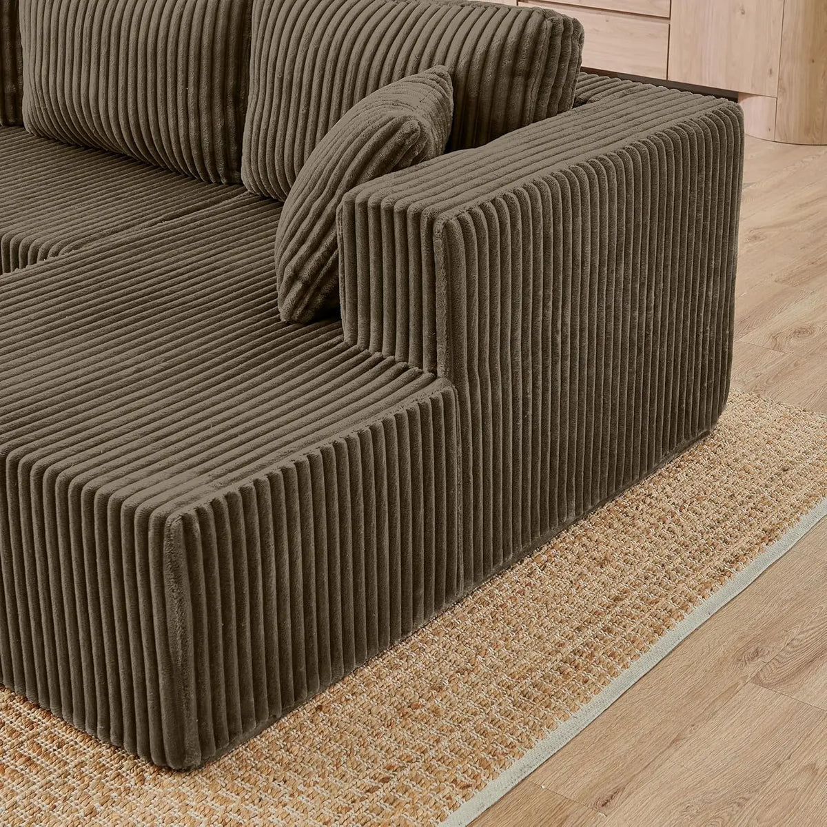 Comfy Boneless Sectionals For Living Room, Plush Corduroy Couch With Comfy Chaise Lounge, U Shaped Sectionals Foam Couches