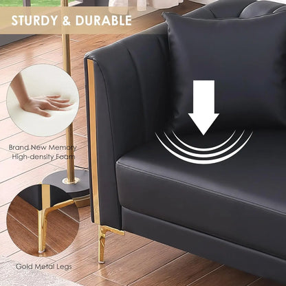 78'' Sofa, Black Couches for Living Room, Comfy Sofas Faux Leather Sofa 3 Seater Couches with 2 Throw Pillows and Gold Metal