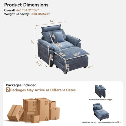 46''Cloud Oversized Sofa Chair with Detachable Headrest, Upholstered Comfy Arm Accent Chair with Ottoman,Modern, Customized