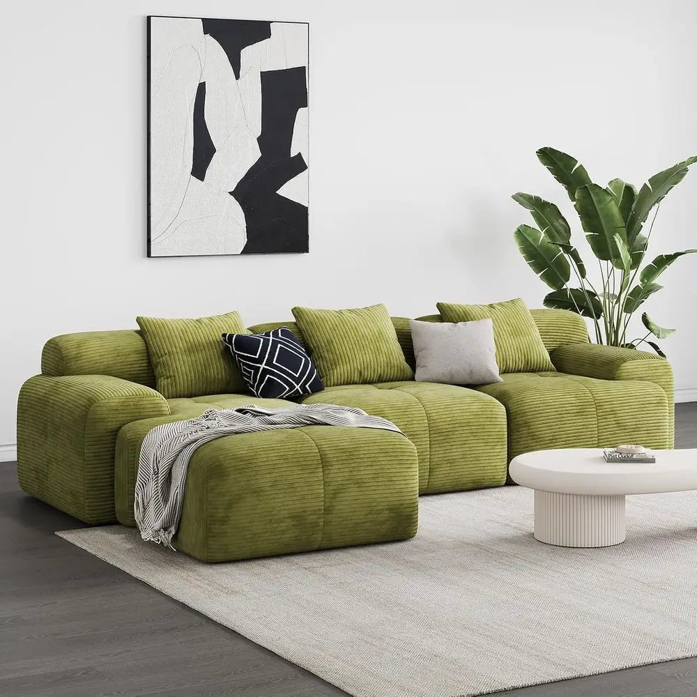 Green Oversized 3-Seat L-Shaped Corduroy Sectional Sofa with Ottoman