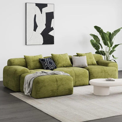 Green Oversized 3-Seat L-Shaped Corduroy Sectional Sofa with Ottoman