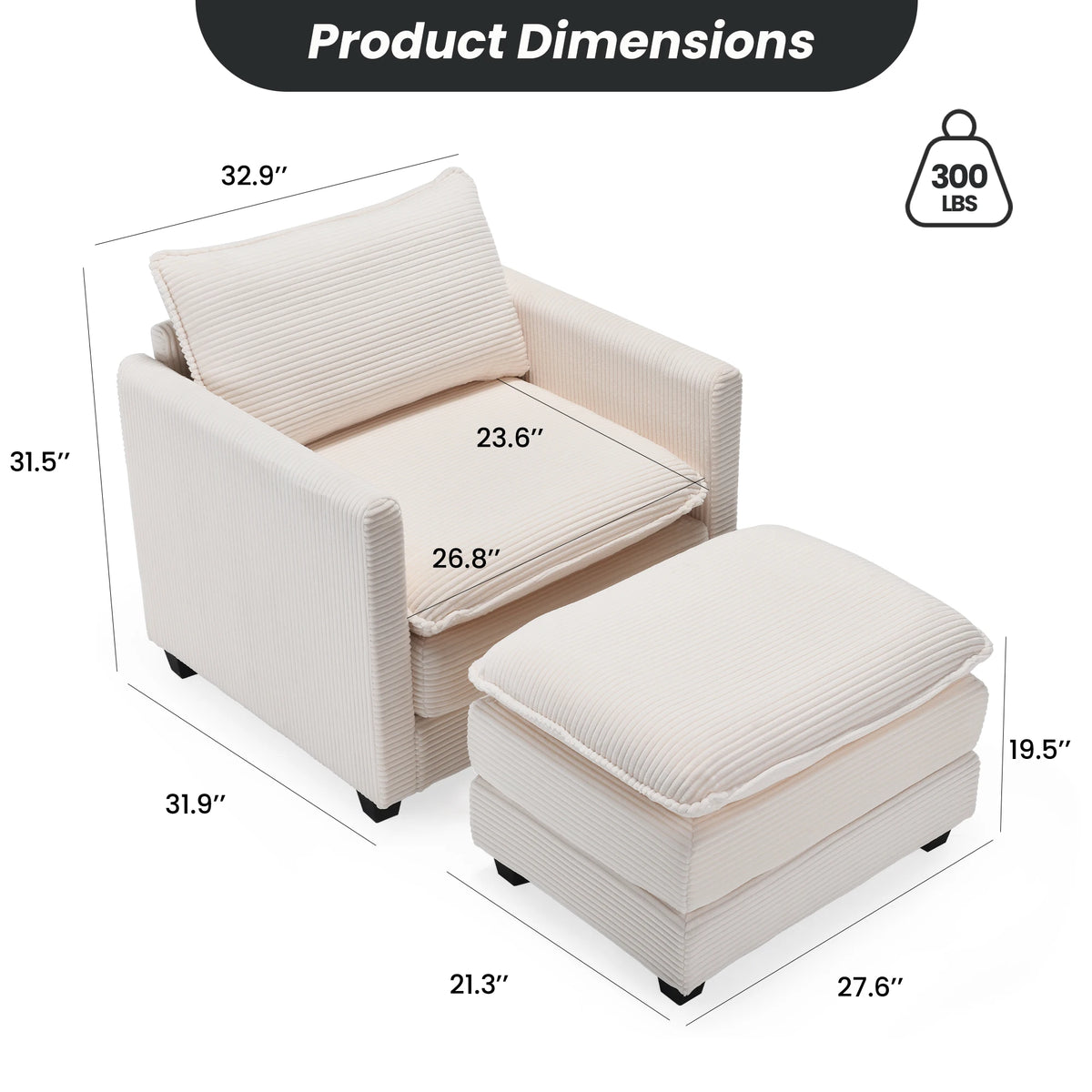 Corduroy Armchair with Ottoman Set, Accent Chair & Footstool, High-Quality Foam, Easy 15-Min Assembly, for Living Room, Bedroom