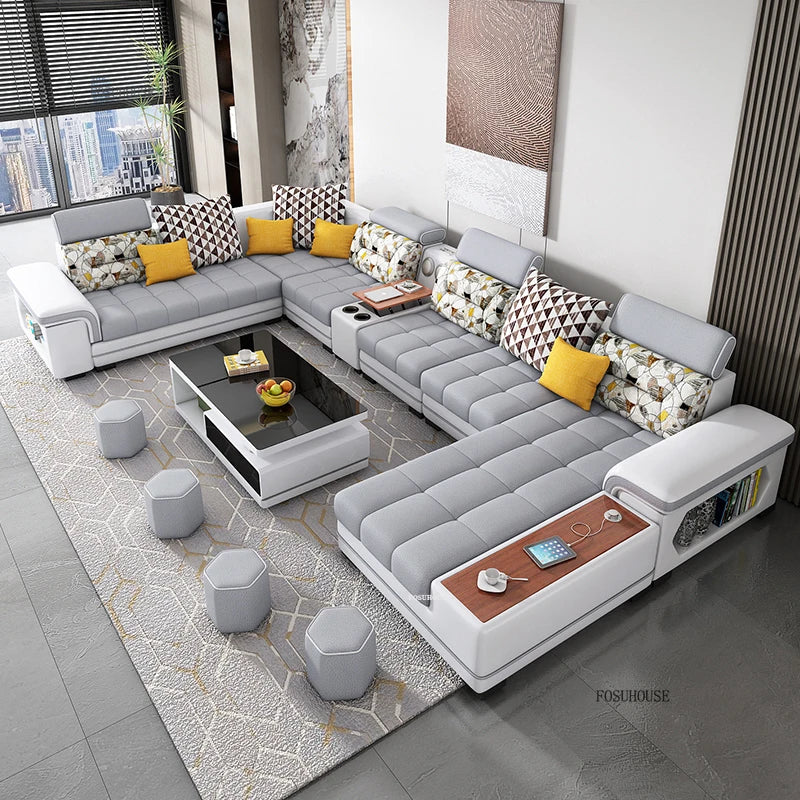 Luxury U-Shape Tech Fabric Living Room Sofas Sets with USB Villa Recliner Sofas Design Modularity Sofa for Living Room Furniture