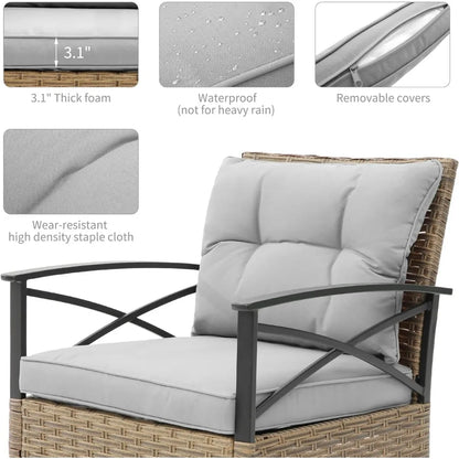 outdoor rocking chairs set - 3 pieces grey patio bistro set outside furniture 2 wicker rocker chairs with grey cushions and tabl