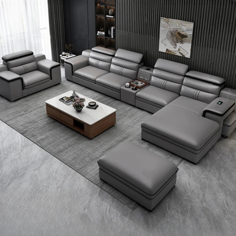 Genuine Leather Sofa Cowhide Modern Wireless Charging Smart Audio Sofa Living Room Corner Combination Divano Home Furniture