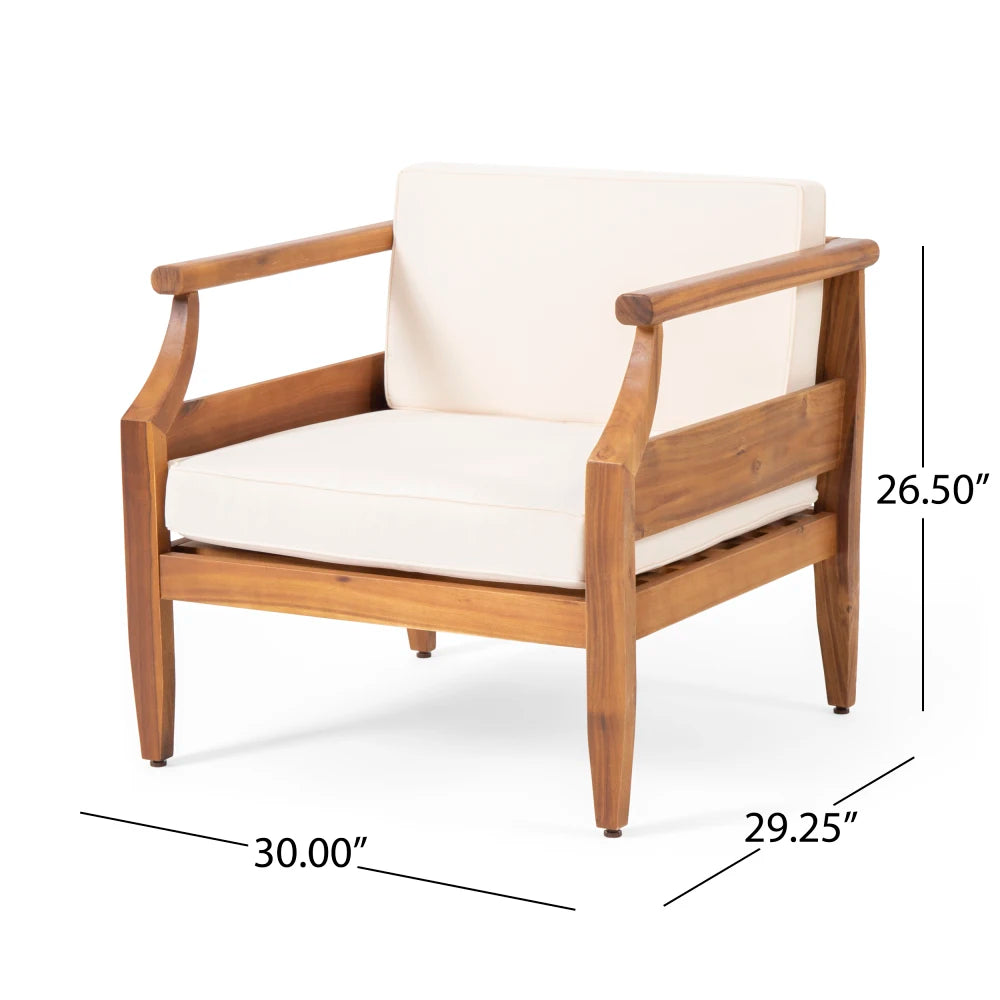 Outdoor Acacia Wood Lounge Armchair with Water Resistant Cushion, Modern Club Chair for Garden Patio Backyard Poolside
