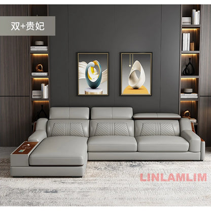 Modern U-Shaped Sectional Sofa Set with Chaise Lounge, Genuine Leather Couch with Storage Table, USB – Big Living Room Furniture