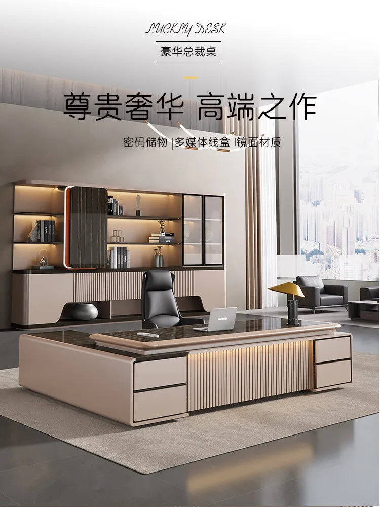 luxury Computer Office Desk Standing L Shaped Writing Boss Table Lift Up Table Gaming Sedentary Filing Cabinet Boss Furniture