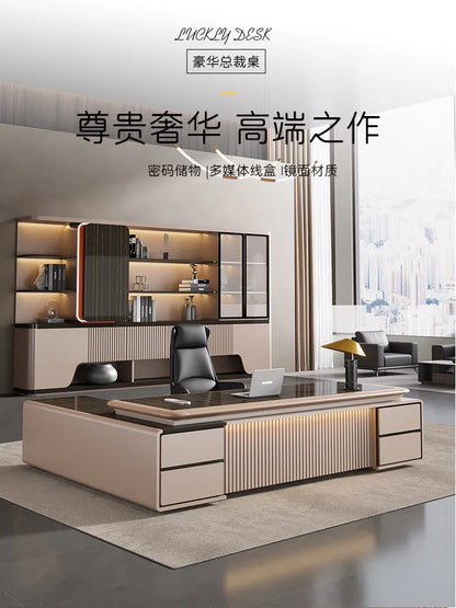 luxury Computer Office Desk Standing L Shaped Writing Boss Table Lift Up Table Gaming Sedentary Filing Cabinet Boss Furniture