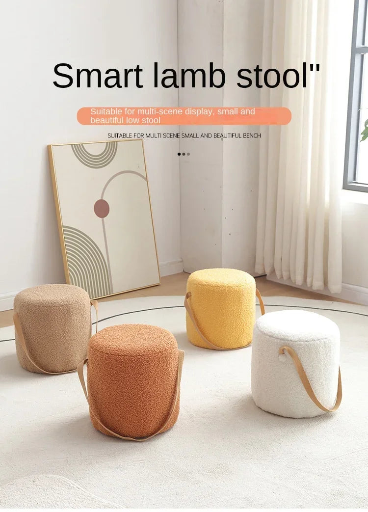 Lamb Velvet Round Stool for Living Room, Multi-Purpose Ottoman for Sofa & Coffee Table, Compact Home Decor Stool