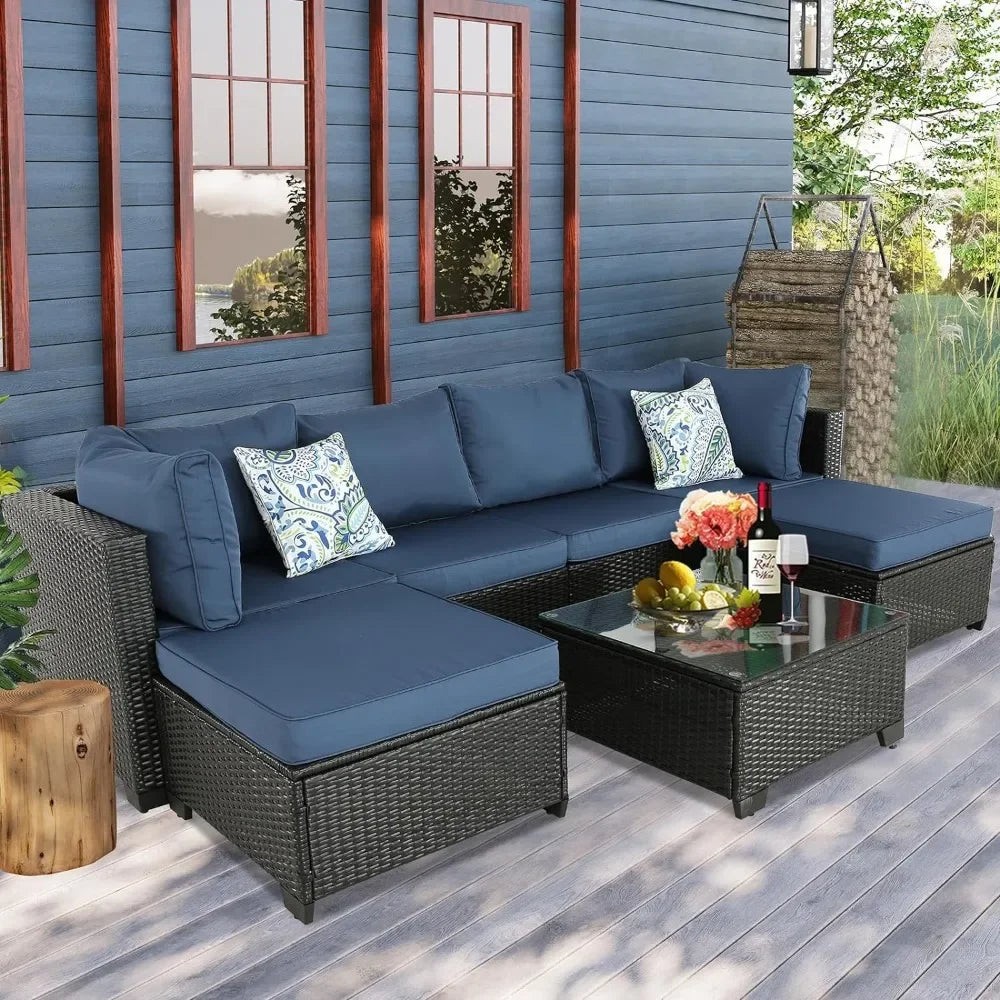 Garden Furniture 7 Pieces Set, Patio Furniture PE Wicker Sets with Washable Cushions Glas Coffee Table, Garden Furniture Set