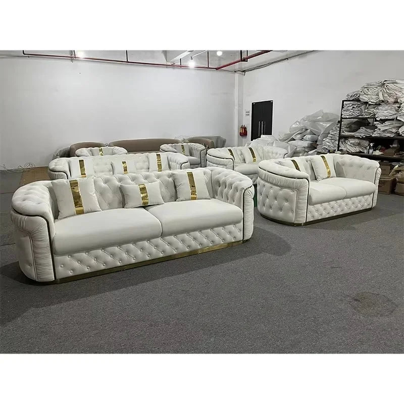 Luxury Rose Gold Leg White Chesterfield Sofa Velvet Fabric Button Tufted Living Room Couch Set Furniture