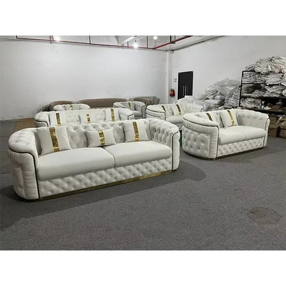 Luxury Rose Gold Leg White Chesterfield Sofa Velvet Fabric Button Tufted Living Room Couch Set Furniture