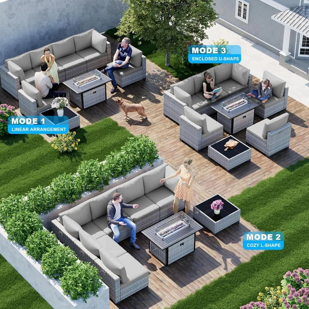 Modern 8-Piece Patio Furniture Set with 55k BTU Fire Pit, Plush Cushions, Durable Wicker Rattan, Rust-Resistant Frame