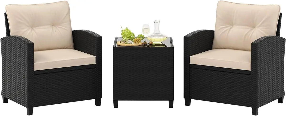 3 Pieces Patio Furniture Set, PE Rattan Wicker 3 Pcs Outdoor Sofa Set w/Washable Cushion and Tempered Glass Tabletop,Garden Sofa