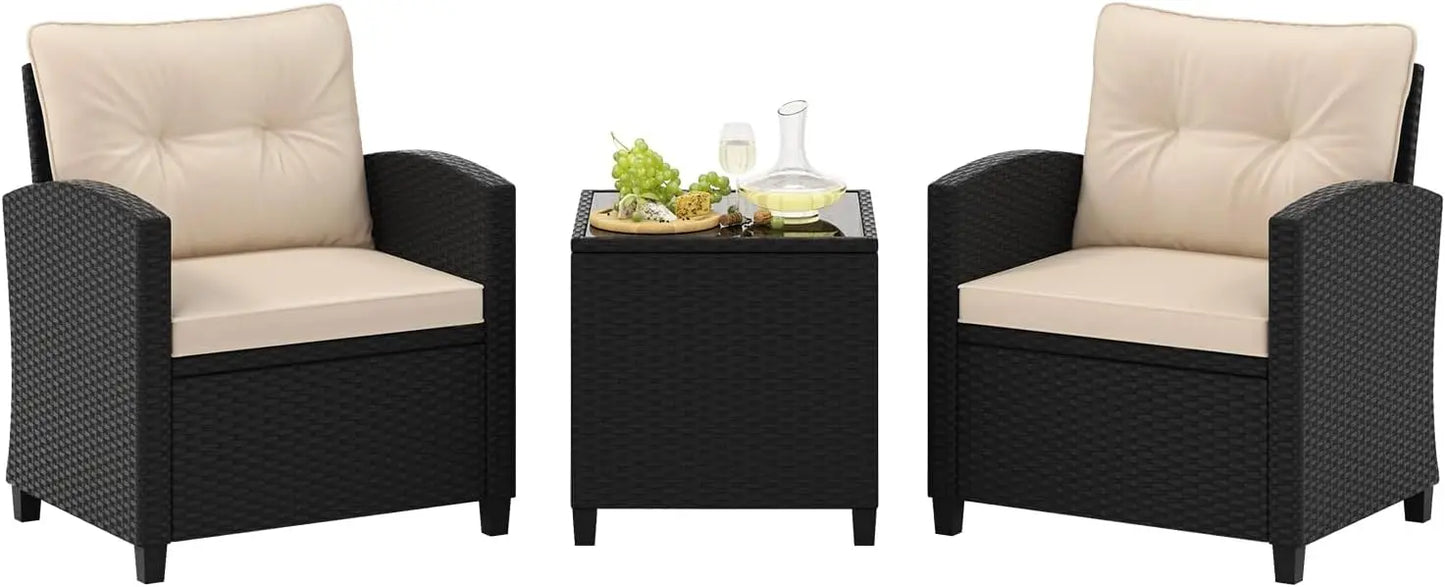 3 Pieces Patio Furniture Set, PE Rattan Wicker 3 Pcs Outdoor Sofa Set w/Washable Cushion and Tempered Glass Tabletop,Garden Sofa