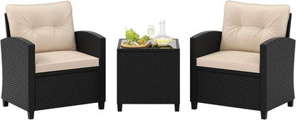 3 Pieces Patio Furniture Set, PE Rattan Wicker 3 Pcs Outdoor Sofa Set w/Washable Cushion and Tempered Glass Tabletop,Garden Sofa