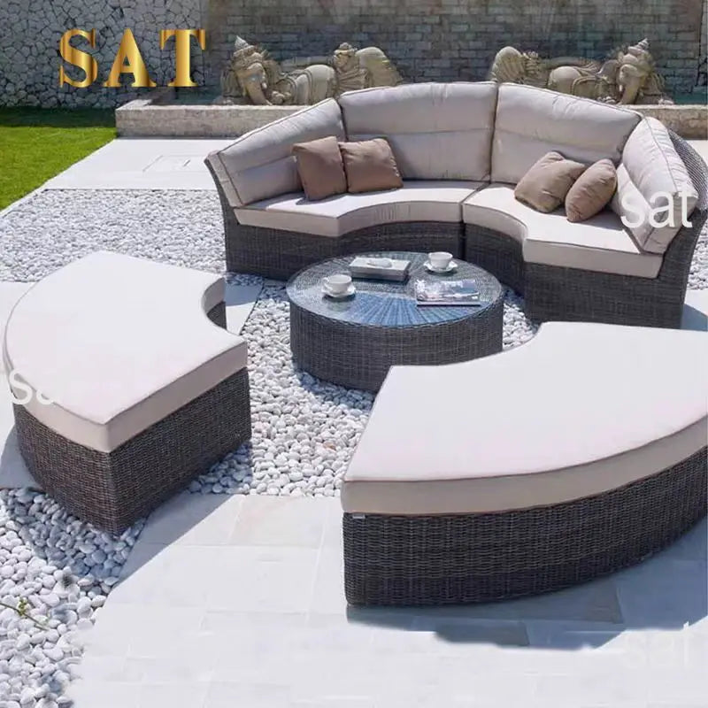 Modular Outdoor Garden Sofa Set With Height Adjustable Lifting Table Sunbed Shape Sun Lounger