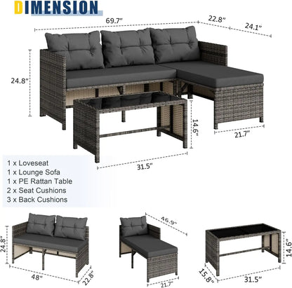 Vongrasig 3 Piece Patio Furniture Sets, All-Weather Wicker Outdoor Sofa Couch Sectional Set, Small Conversation Set for Patio, G