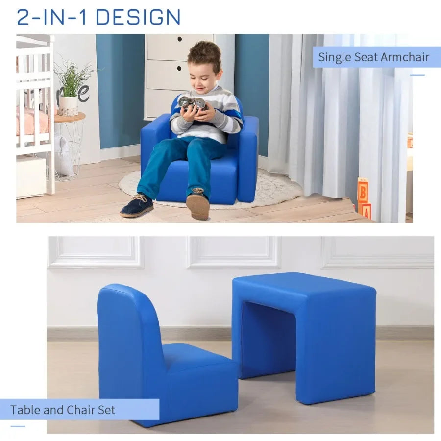 Qaba Blue 2-in-1 Sofa and Table Chair Set Convertible Toddler Lounge Multifunctional Armrest Chair for Play