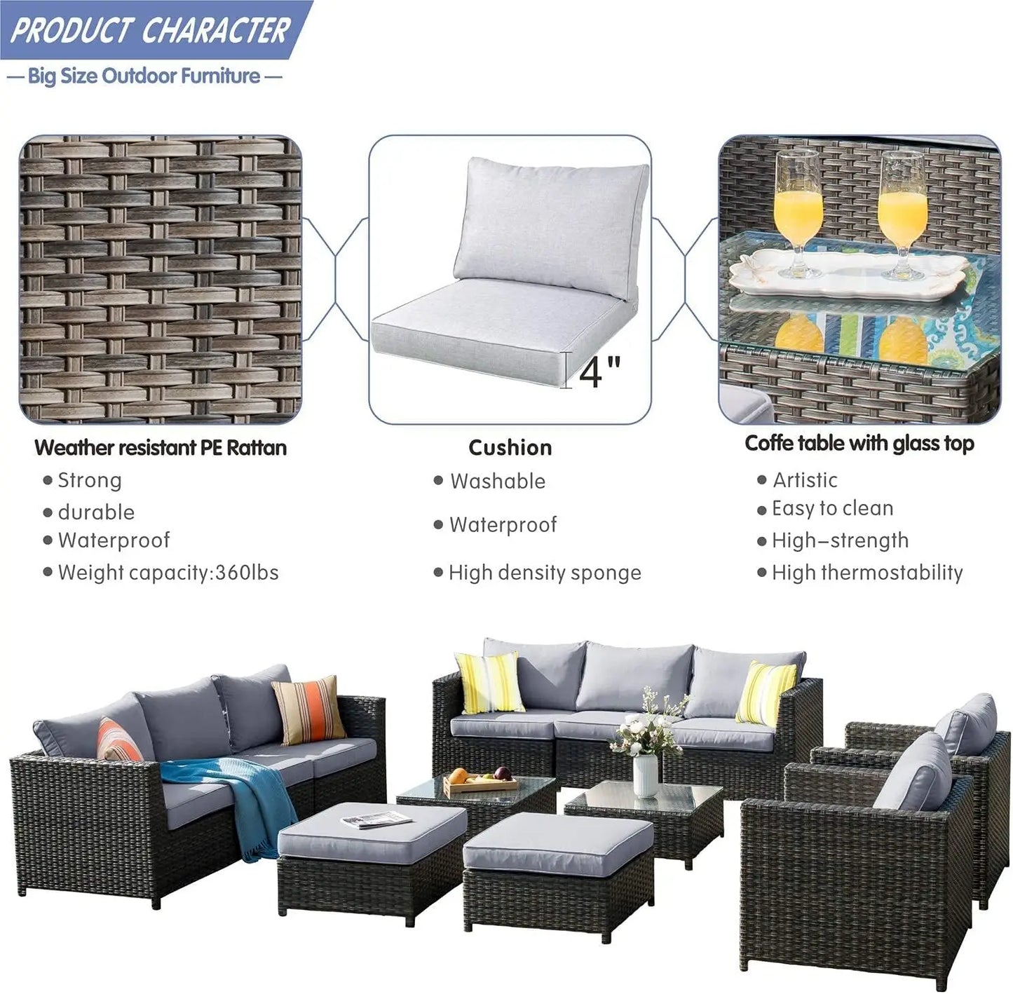 Garden furniture 12 pieces rattan combination sofa set with thick cushions