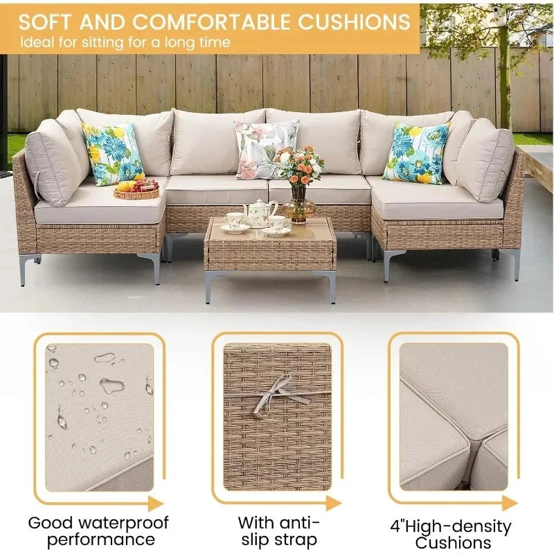 yss 7-Piece Outdoor Rattan Wicker Sofa Set, Sectional Patio Conversation Furniture with Thick Cushions for Garden,