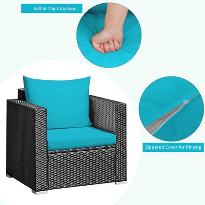 Hot Sale.3 Pieces Patio Furniture Set, PE Rattan Wicker Sofa Set w/Washable Cushion Cover and Tempered Glass Tabletop-NEW